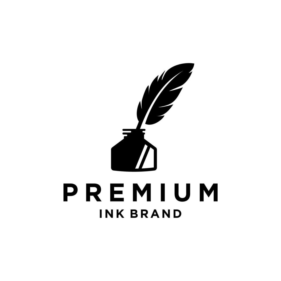 Vintage-Federkiel-Logo mit schwarzem Tintenfass, Kratzsymbol, klassische Schreibwarenillustration isoliert auf weißem Hintergrund vektor