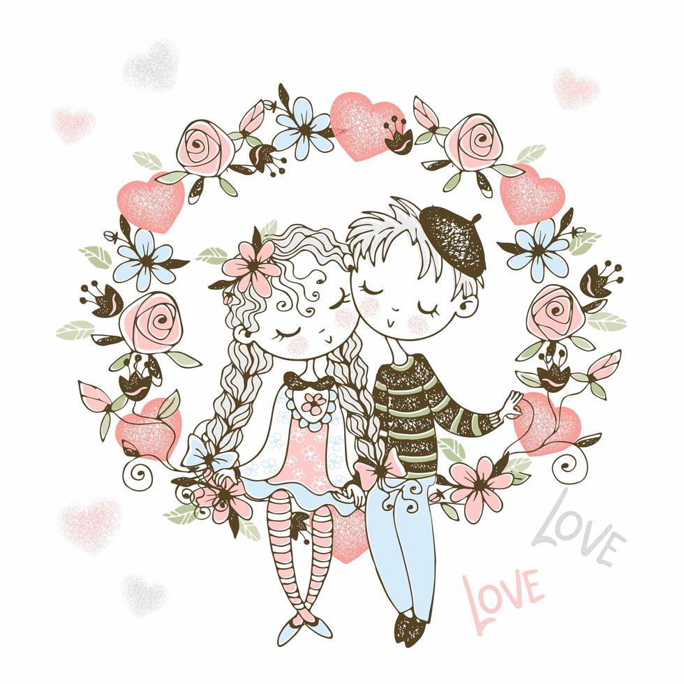 Mädchen und Junge verliebt sitzen in einem Blumenbogen vektor