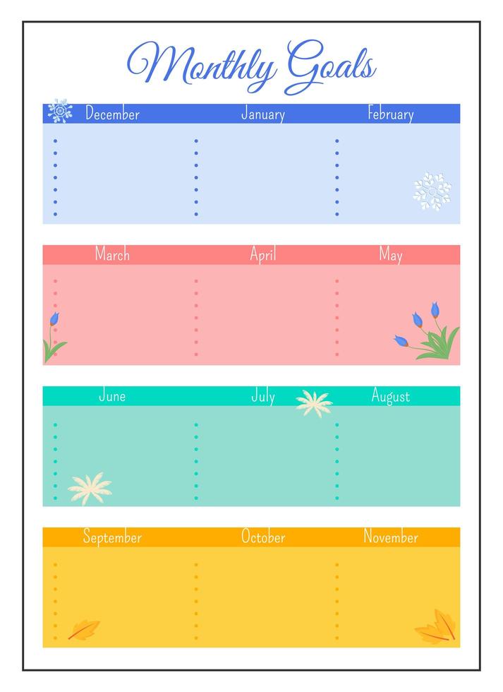 månatliga mål rutnät kreativ planerare sida design vektor