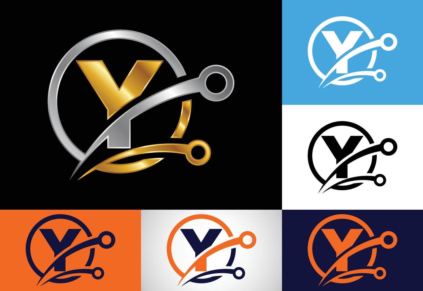 anfängliches y-monogrammalphabet in einem kreis mit einem technologiezeichensymbol. Technologie-Logo-Design-Konzept-Vektor-Vorlage. Schriftart-Emblem vektor