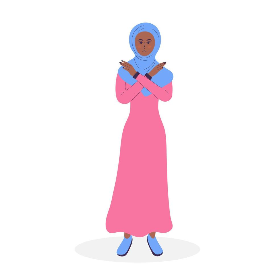 muslimische frau im hijab, die verweigerung oder stoppgeste mit gekreuzten händen zeigt. Körpersprache und nonverbale Kommunikation. Ausdruck negativer Emotionen, Kommunikation, Meinungsverschiedenheiten. die Vorurteile brechen. vektor