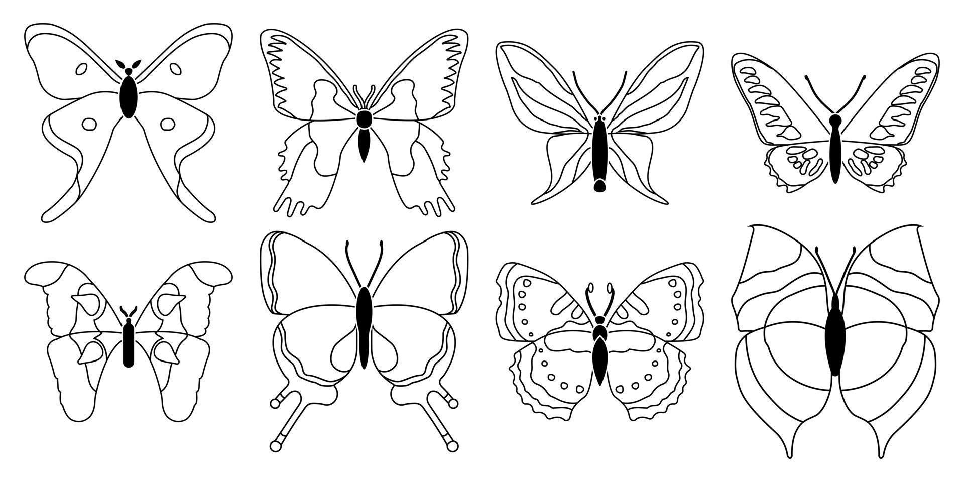 vektor uppsättning fjärilar på en vit bakgrund, teckning dekorativ insekt, silhuetter hand dra, isolerat vektor