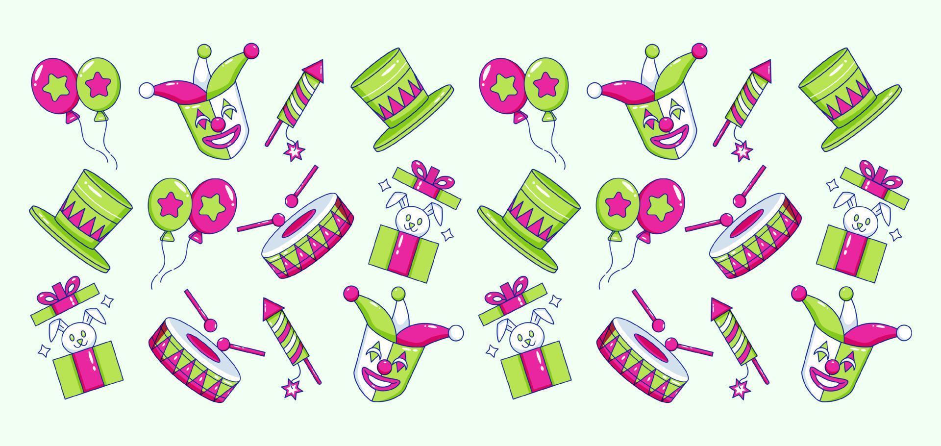 Karneval Karneval. Clownmaske, Ballon, Hut, Hase, Feuerwerkskörper und Trommelsymbolmuster vektor