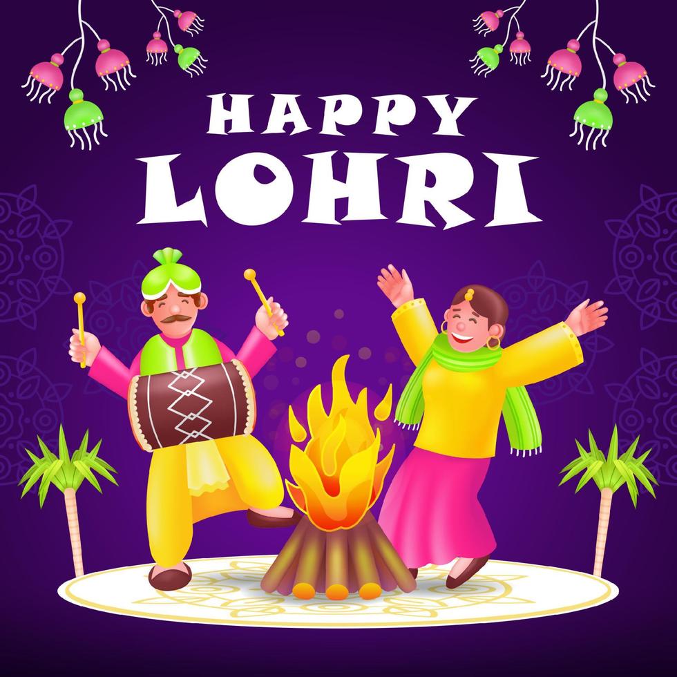 Lycklig lohri, 3d illustration av män och kvinnor dans i de mitten av en bål vektor