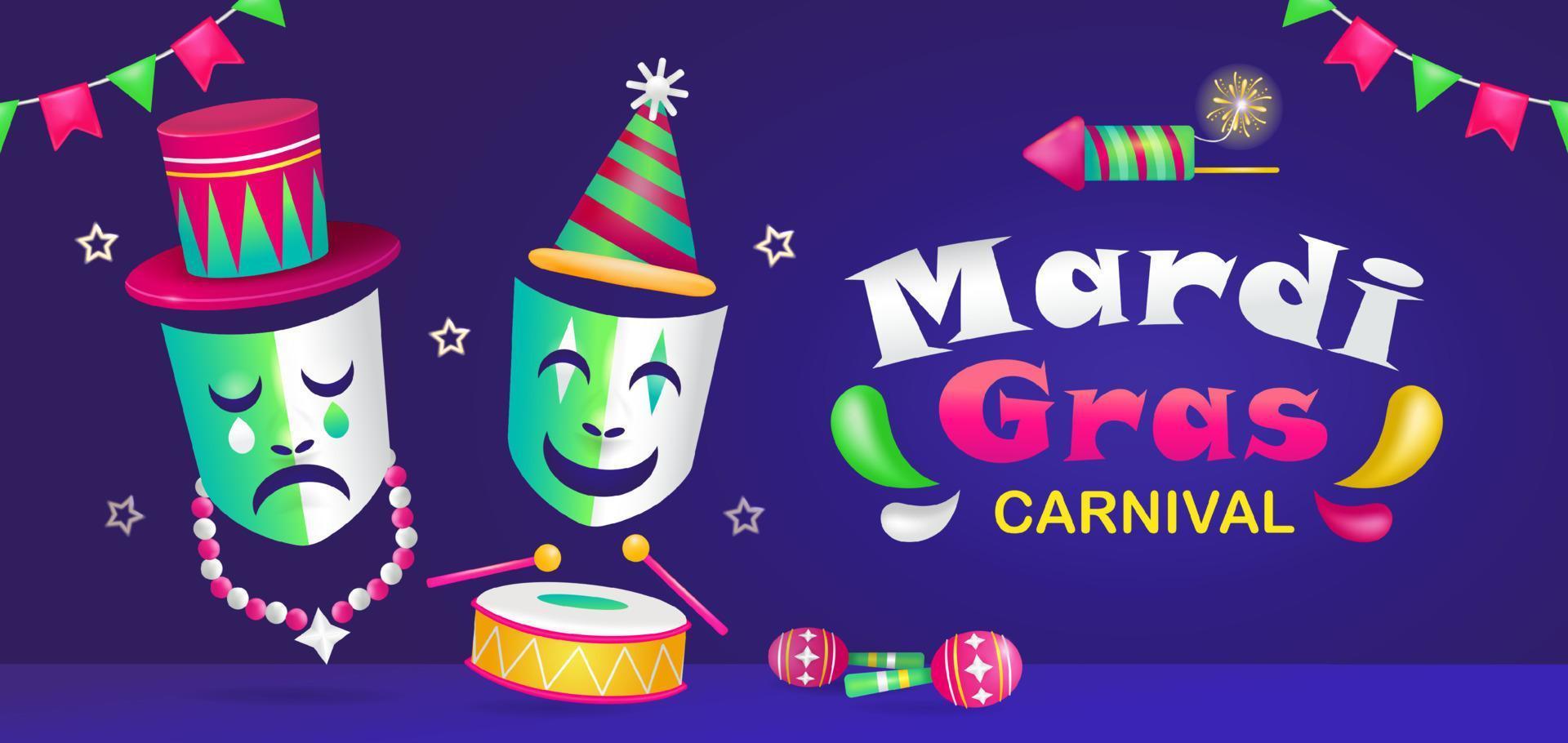 mardi gras karneval, 3d-illustration trauriger und glücklicher ausdrucksmasken, die trommeln spielen vektor