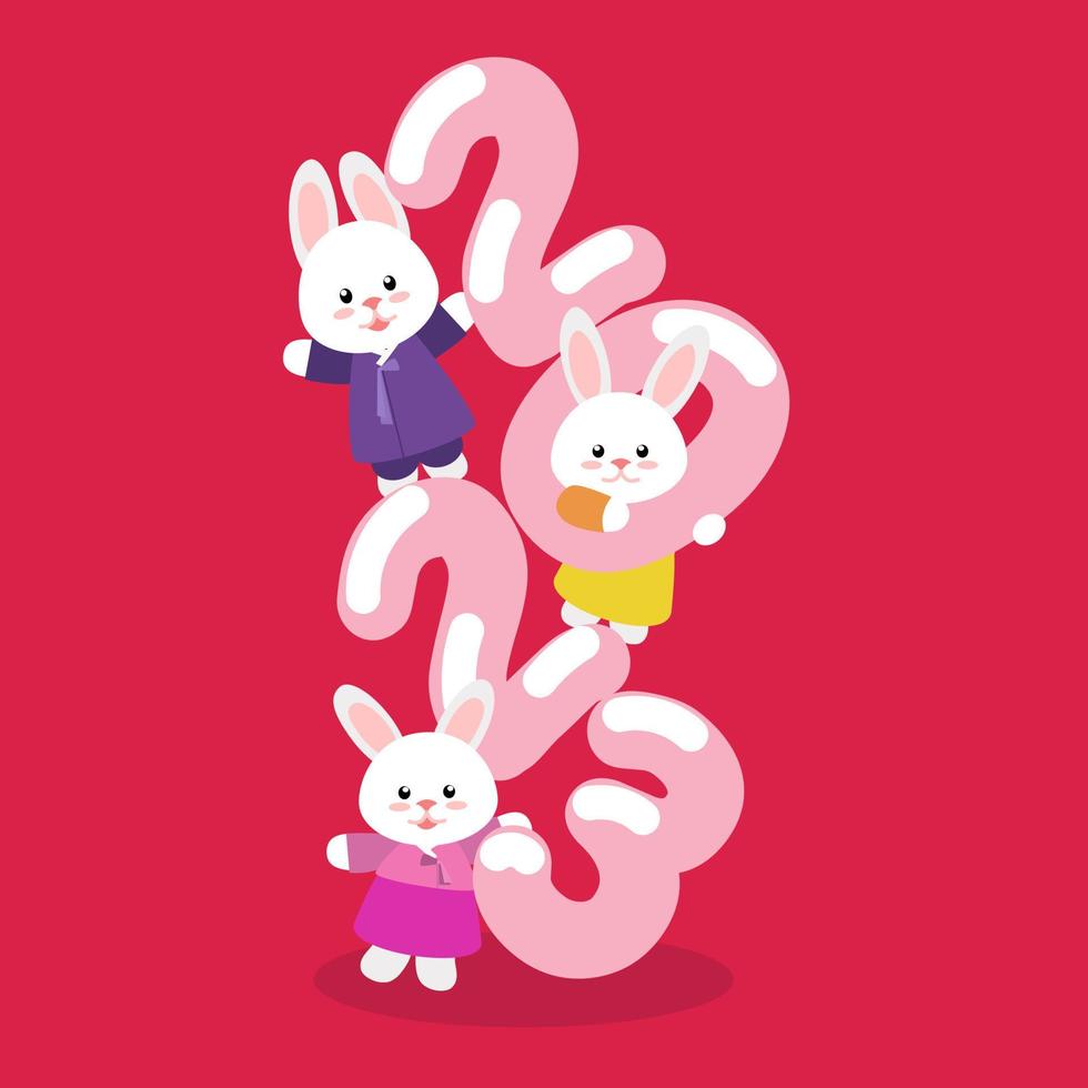 2023 gyemyo år ny år kanin karaktär illustration. kaniner i traditionell koreanska hanbok kostymer klättrade de tal 2023 på en rosa bakgrund. en ljus ny år färgad vykort. vektor