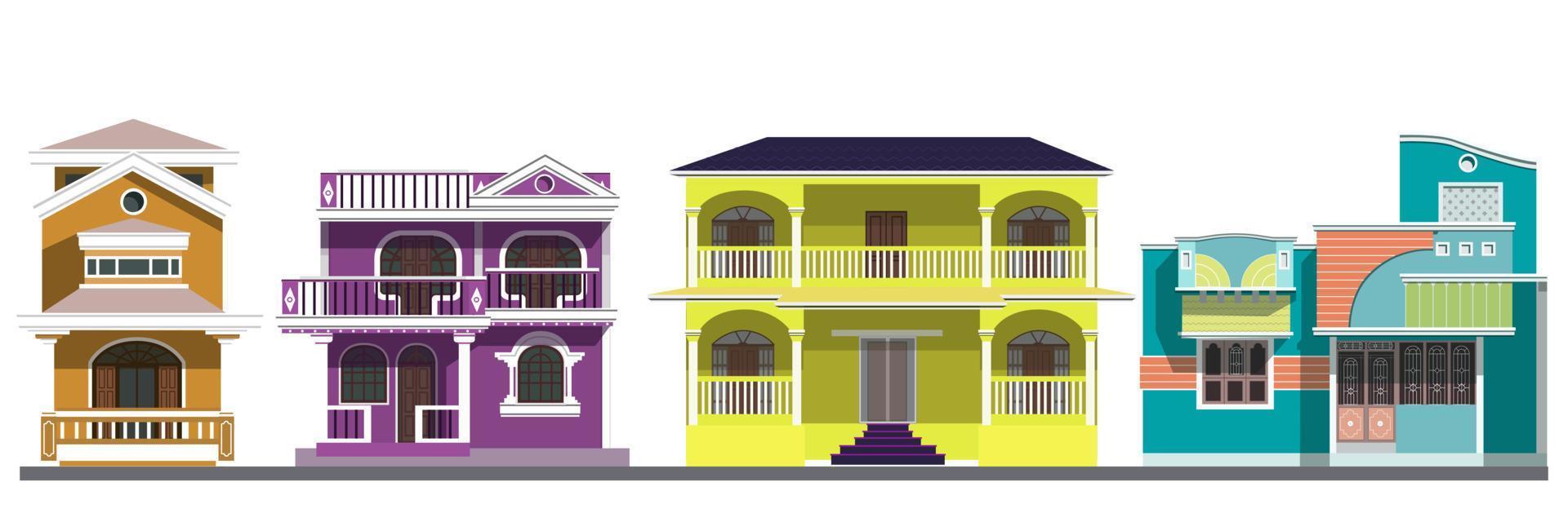 ein satz von vier häusern in indien auf weißem hintergrund ist eine flache vektorillustration. Farbige Häuser mit mehreren Etagen in Indien auf weißem Hintergrund. flache Abbildung. vektor