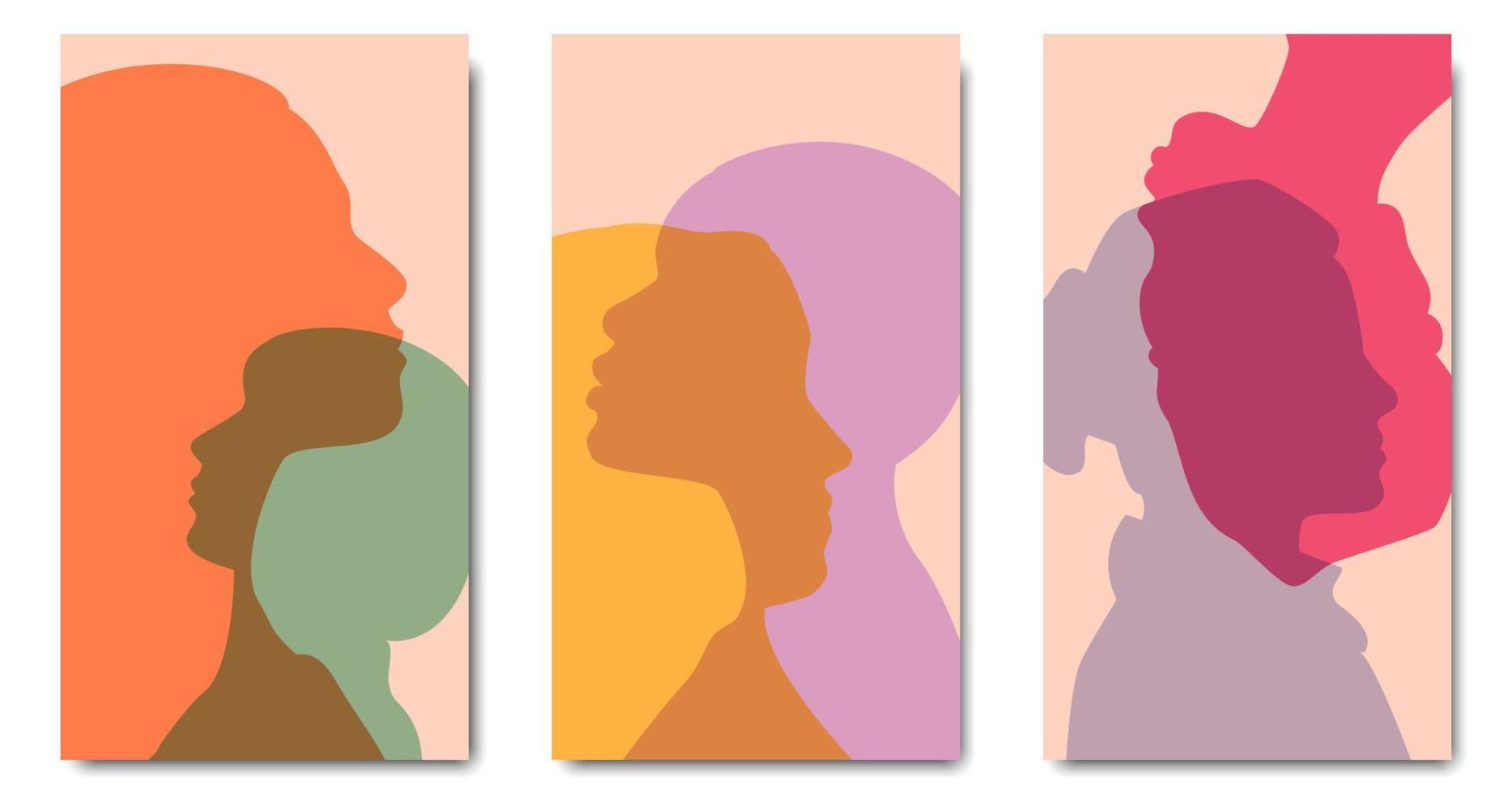 social media omslag uppsättning. kvinnor huvud silhuett. abstrakt mångfald flickor profil. kvinna gemenskap. ras- jämlikhet. allierade. feminism. broschyr affisch berättelser mall. vektor illustration.