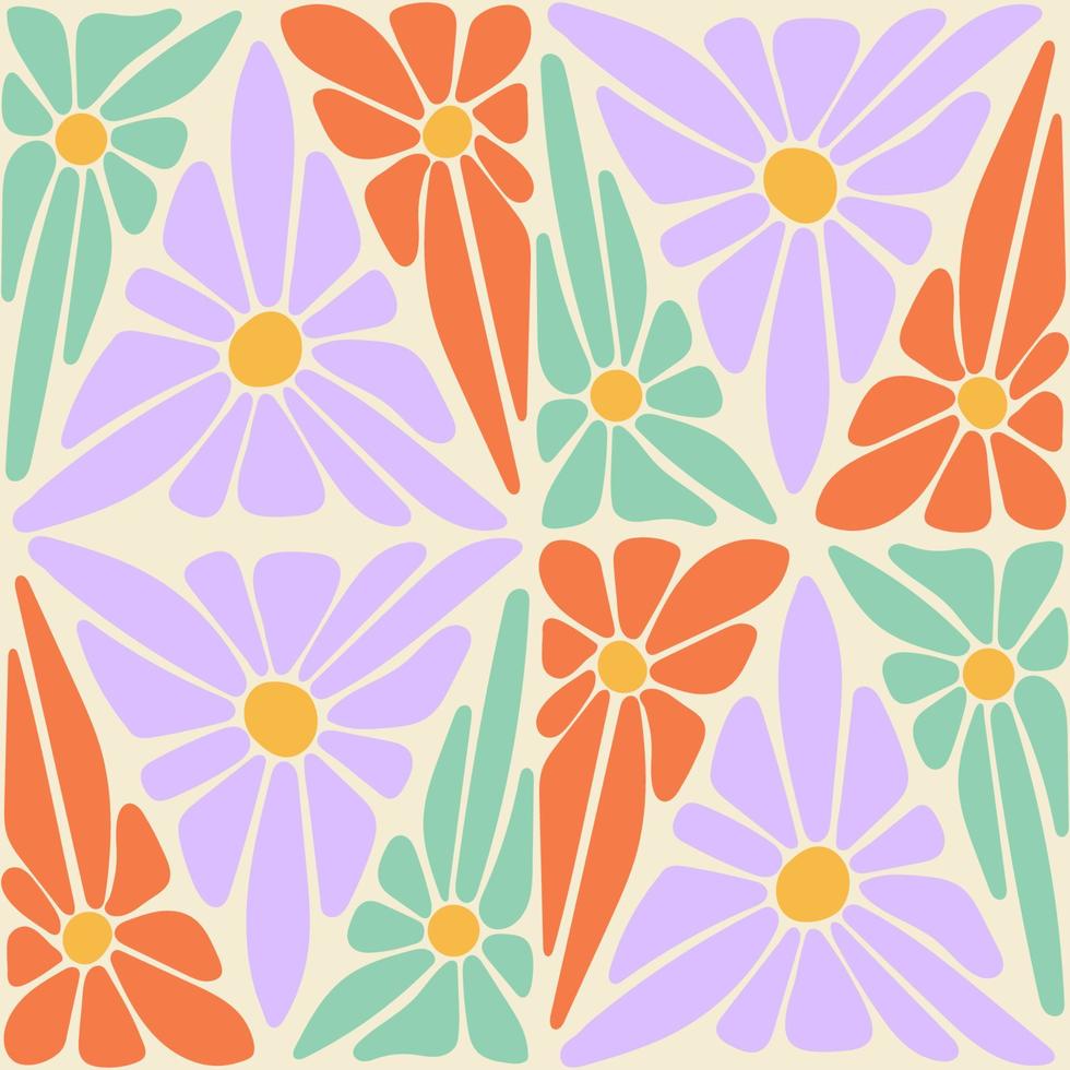 häftig trippy daisy abstrakt hand dragen estetisk sömlös mönster. triangel blommor retro lapptäcke. 1970 årgång hippie atmosfär bakgrund. omslag textil- affisch vektor illustration.