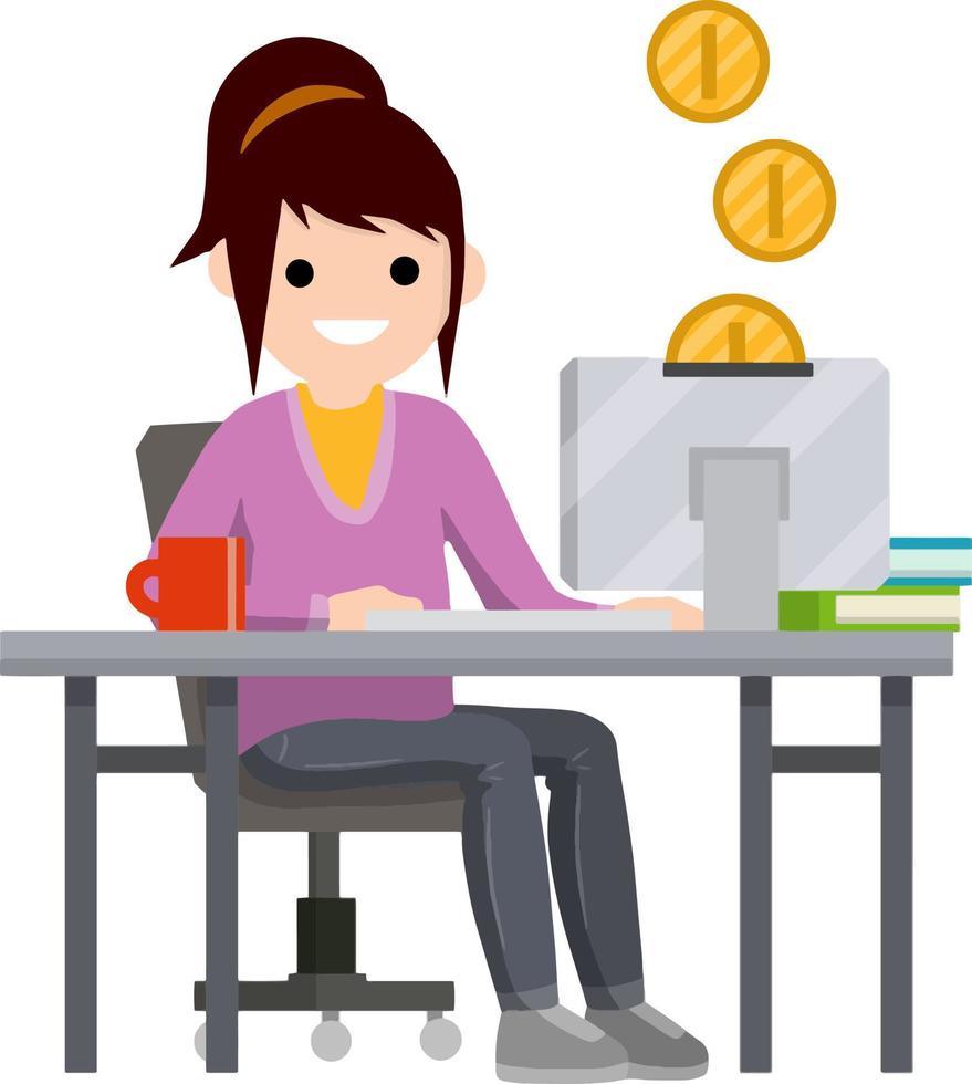 kvinna sitta på tabell med dator. uppkopplad inkomst och lön. guld mynt. tecknad serie platt illustration. arbete frilans och programmerare. Lycklig flicka vektor