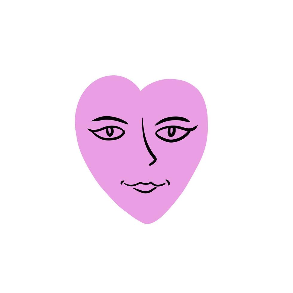 ritad för hand hjärta. rosa symbol av roman med ansikte och ögon. klotter relationer, roman och valentine dag. skiss tecknad serie vektor