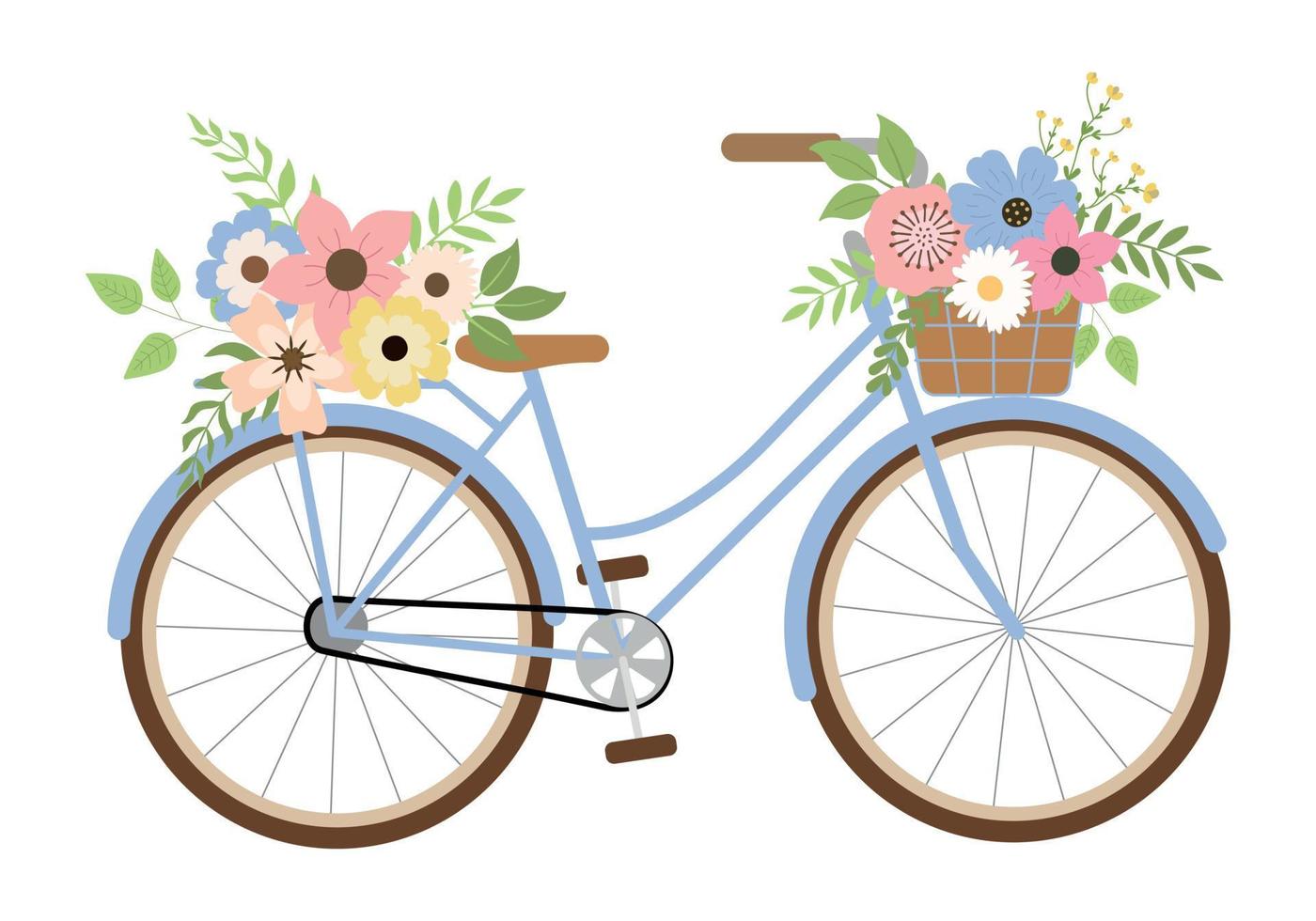 süßes romantisches blaues Fahrrad mit Frühlingsblumen. isoliert auf weißem Hintergrund. Retro-Fahrradkorb mit Blumen und Pflanzen. Vektor-Illustration. vektor