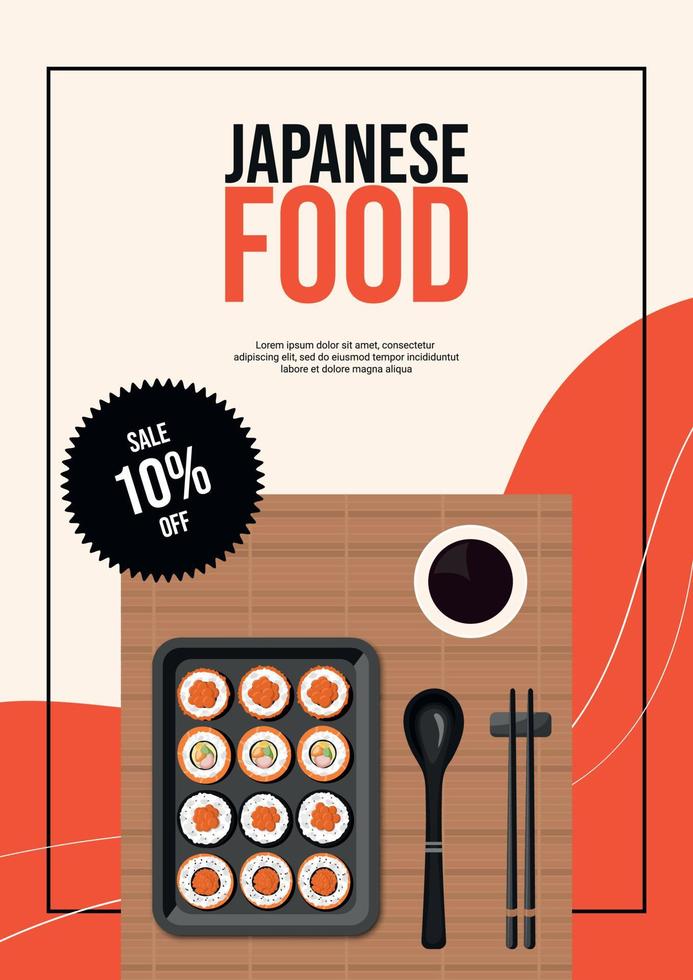 flyer-design mit rollen in einem teller. japanisches essen, gesunde ernährung, menü, lebensmittelkonzept. Bannerwerbung. Vektor