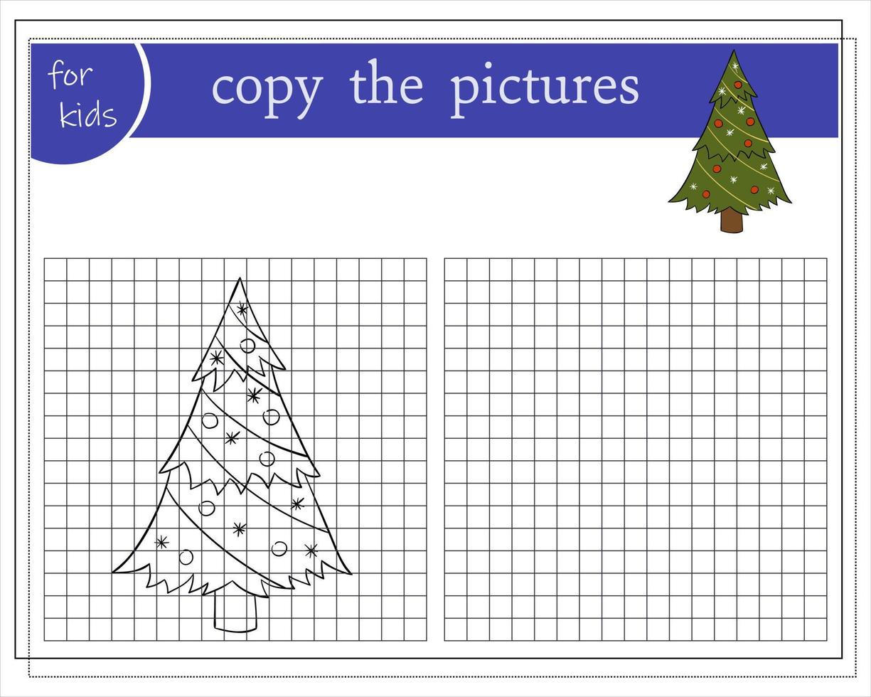 Kopieren Sie das Bild, Lernspiele für Kinder, Cartoon-Weihnachtsbaum. vektor