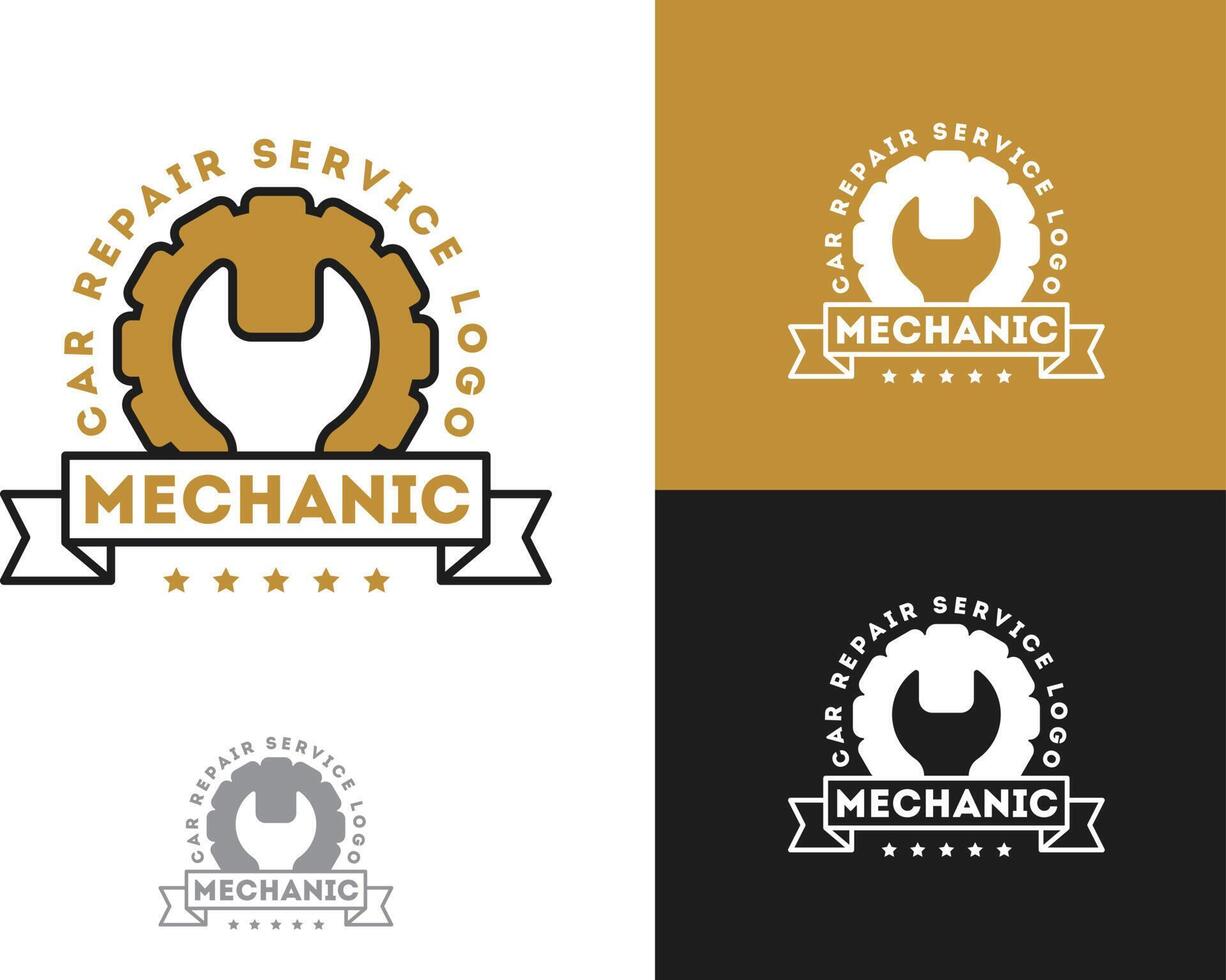 automobil, autoreparaturservice logo design, schraubenschlüssel im zahnradsymbol, mechanikerwerkzeuge vektorillustration. vektor