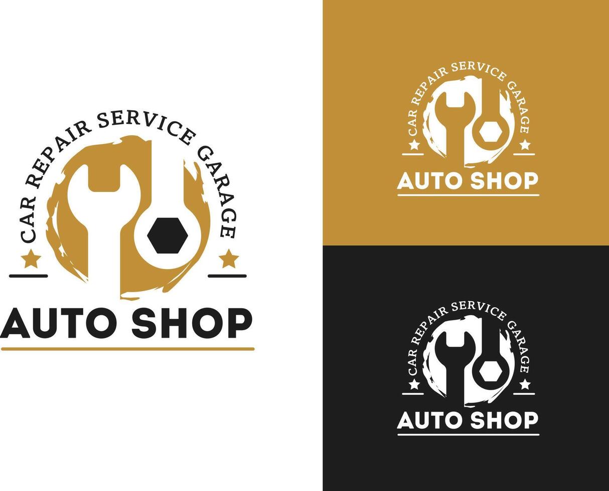 automobil, autoreparaturservice logo design, schraubenschlüssel im zahnradsymbol, mechanikerwerkzeuge vektorillustration. vektor