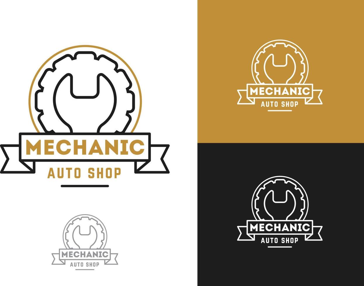 automobil, autoreparaturservice logo design, schraubenschlüssel im zahnradsymbol, mechanikerwerkzeuge vektorillustration. vektor