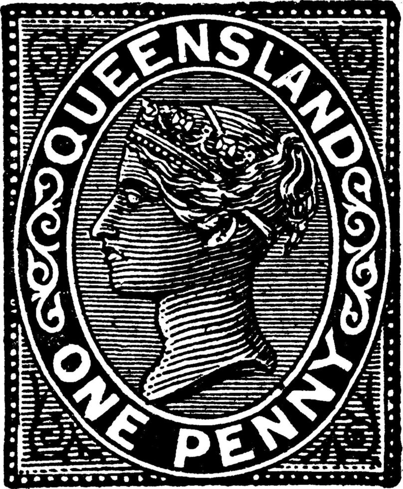 queensland ett penny stämpel från 1882 till 1889, årgång illustration. vektor