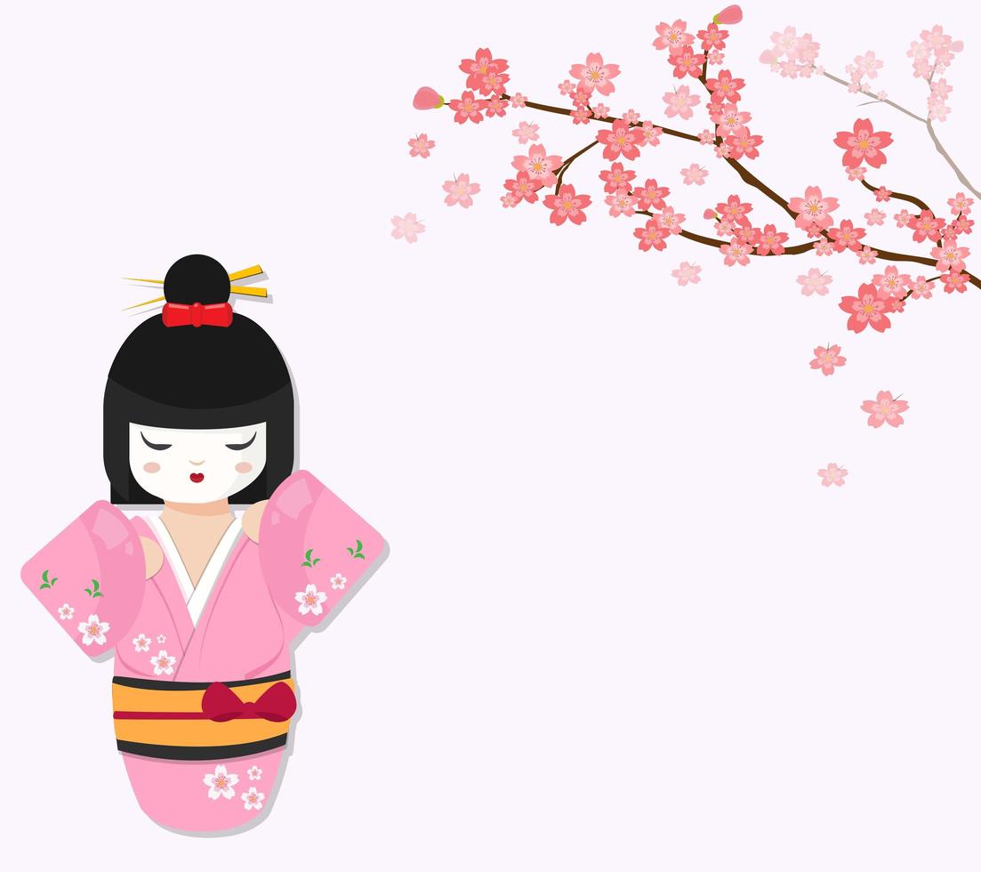 söt japansk docka med körsbärsträdgren vektor