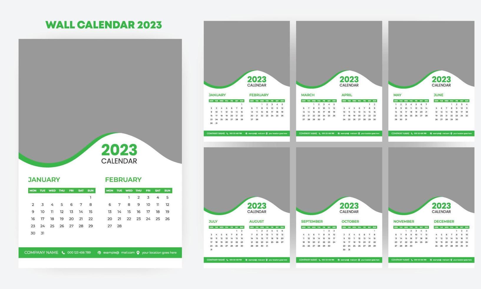 Vertikale Wandkalendervorlage für das Jahr 2023. Satz von 12 Monaten. Woche beginnt am Sonntag. planer im minimalistischen stil mit platz für foto. Vektor bearbeitbare Seitenvorlage für Unternehmens- und Geschäftskalender