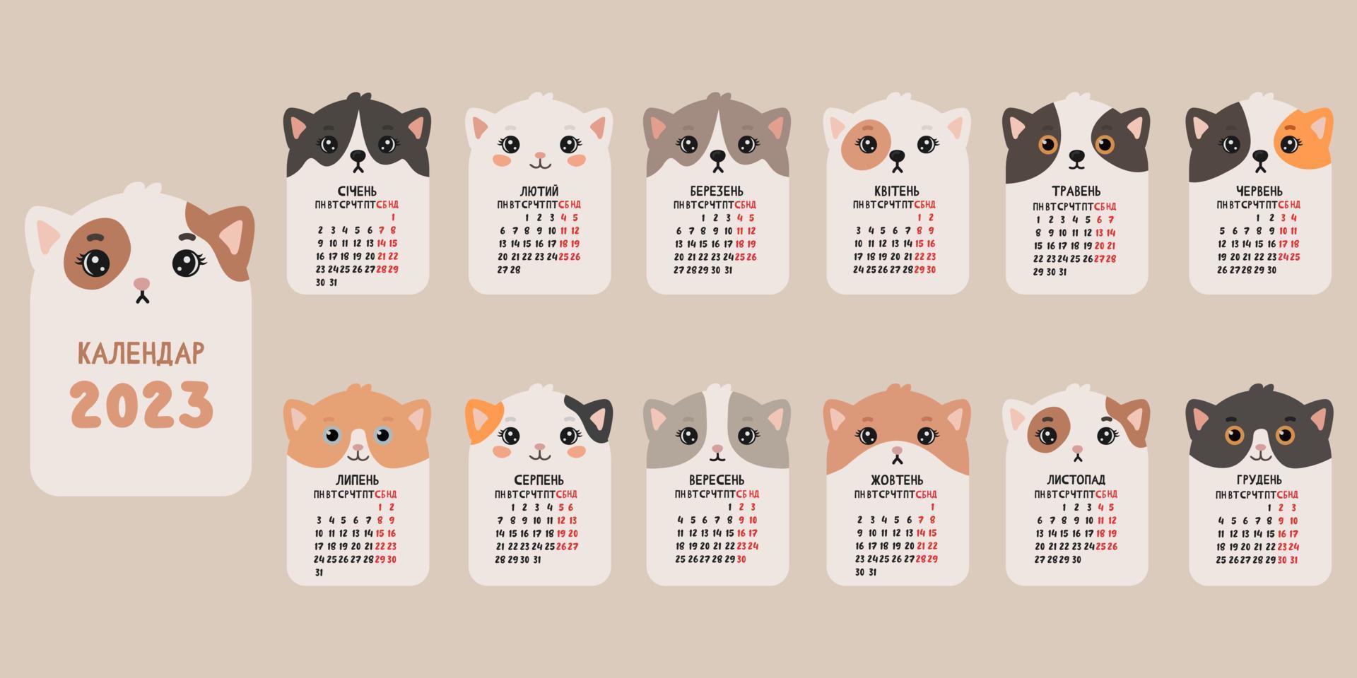 süßer kalender mit katzen. Kalender 2023 mit süßen Katzen. minimalistischer Kalender für das Jahr zum Drucken. Die Inschrift ist auf Ukrainisch. vektor