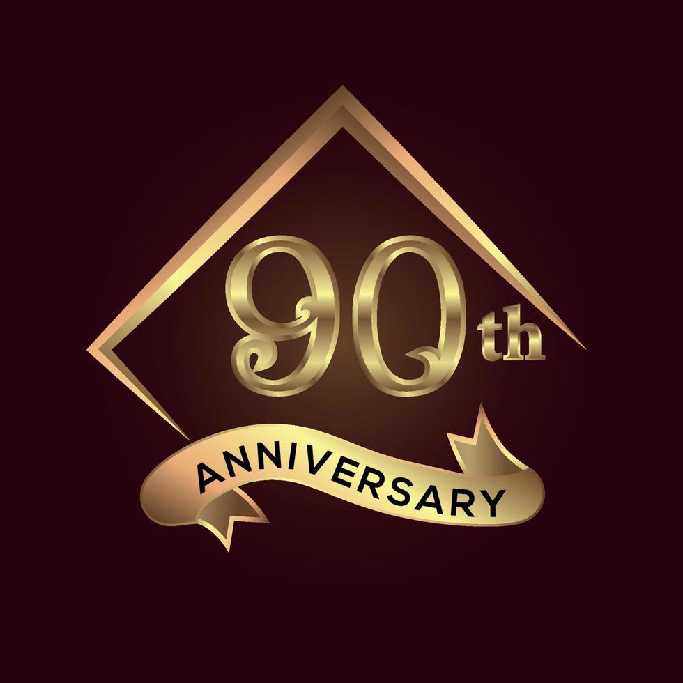 90 år årsdag firande. årsdag logotyp med fyrkant och elegans gyllene Färg isolerat på röd bakgrund, vektor design för firande, inbjudan kort, och hälsning kort
