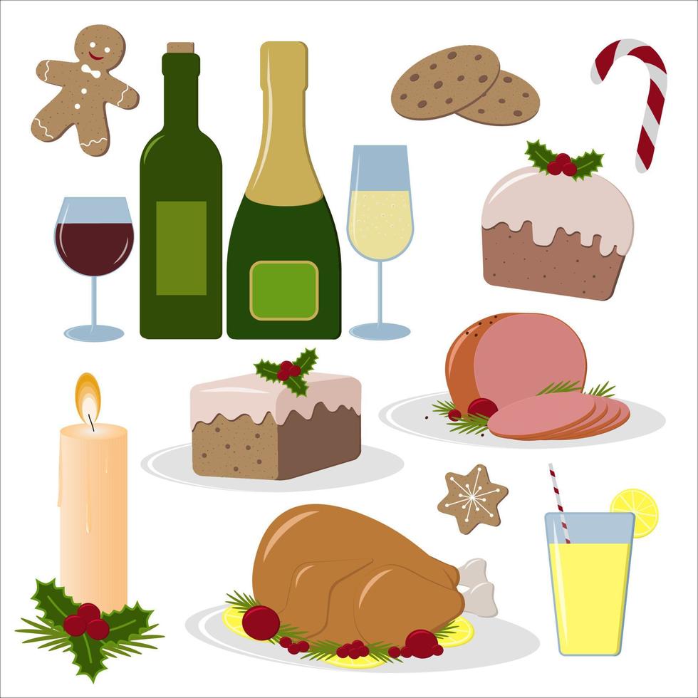 en uppsättning av målad element av mat och drycker för de jul tabell Kalkon, alkohol, sötsaker vektor