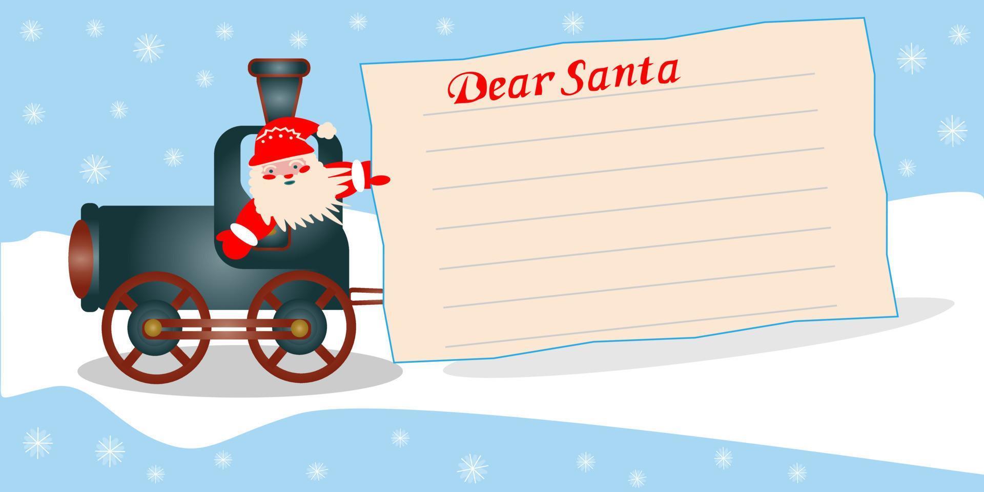 weihnachtskarte mit weihnachtsmann auf einer dampflok brief an den weihnachtsmann vektor