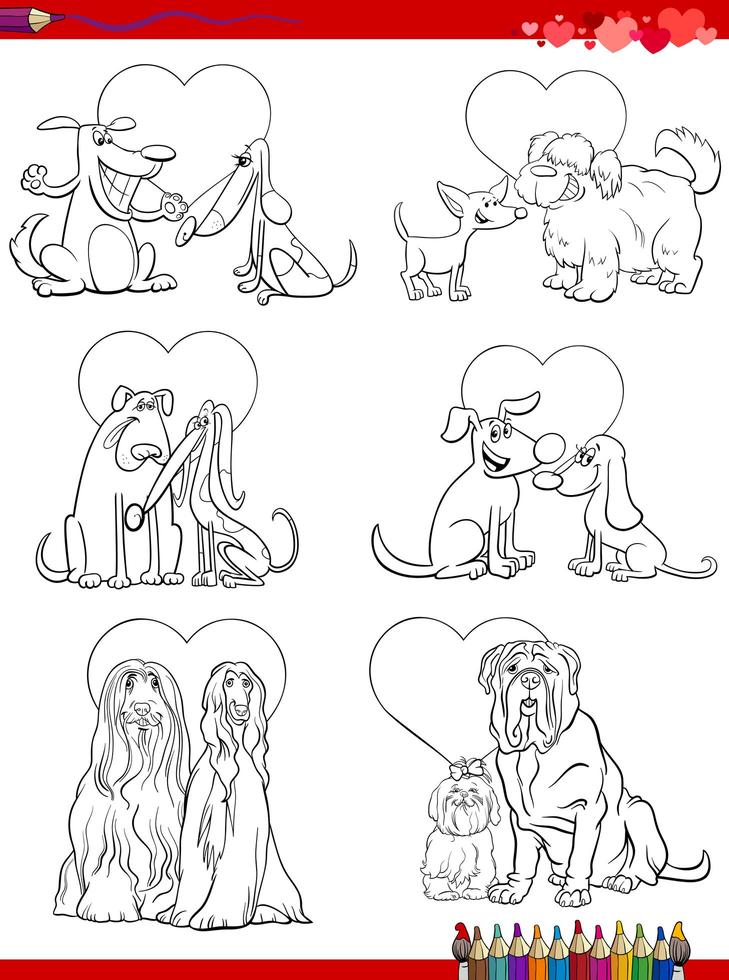 Hundepaare in der Liebe Cartoons Malbuch Seite vektor