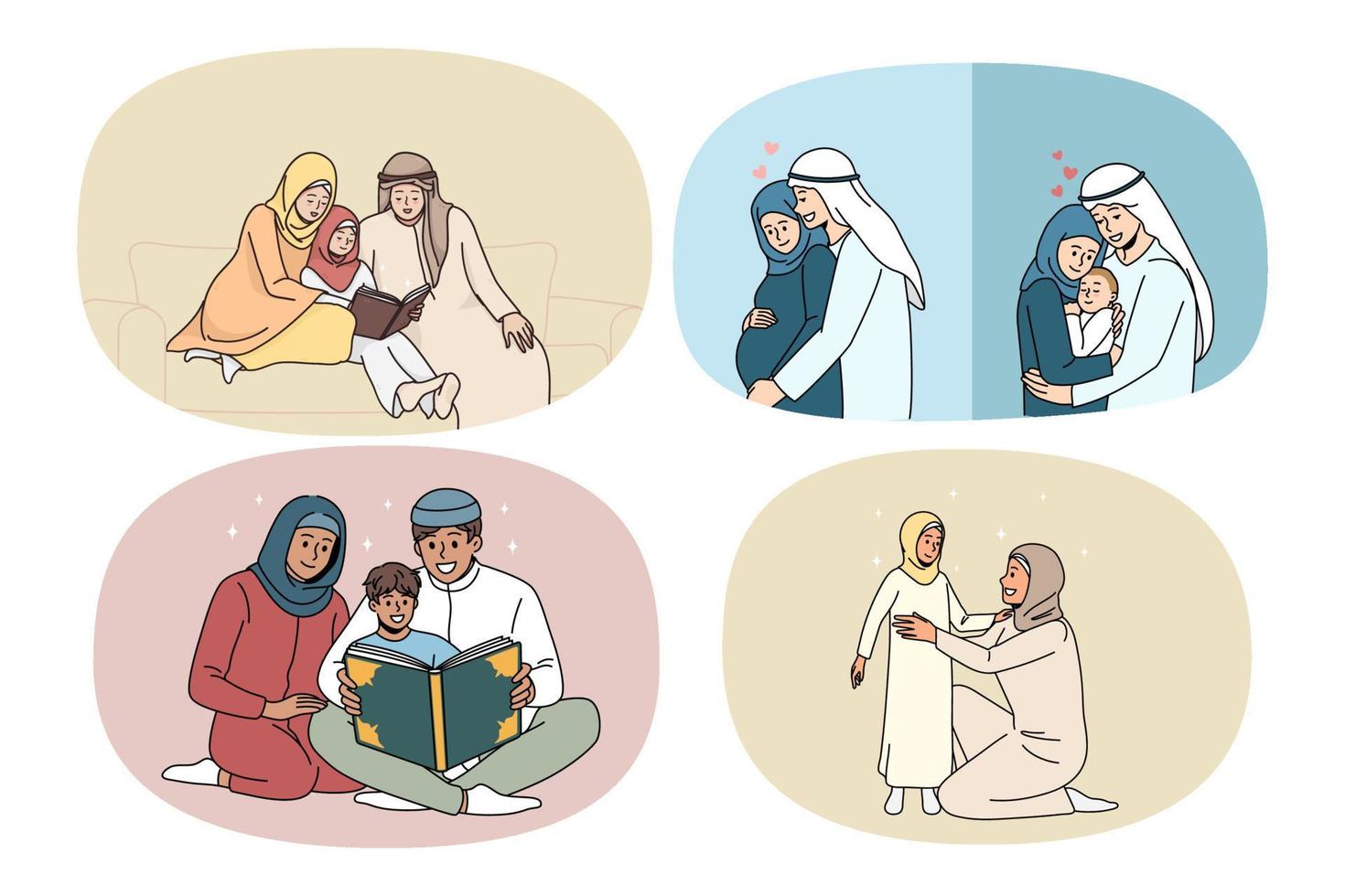 uppsättning av arabicum familj med barn ha på sig traditionell kläder visa kärlek och vård. samling av arab föräldrar med barn. öst religion och tro. arab gemenskap begrepp. vektor illustration.