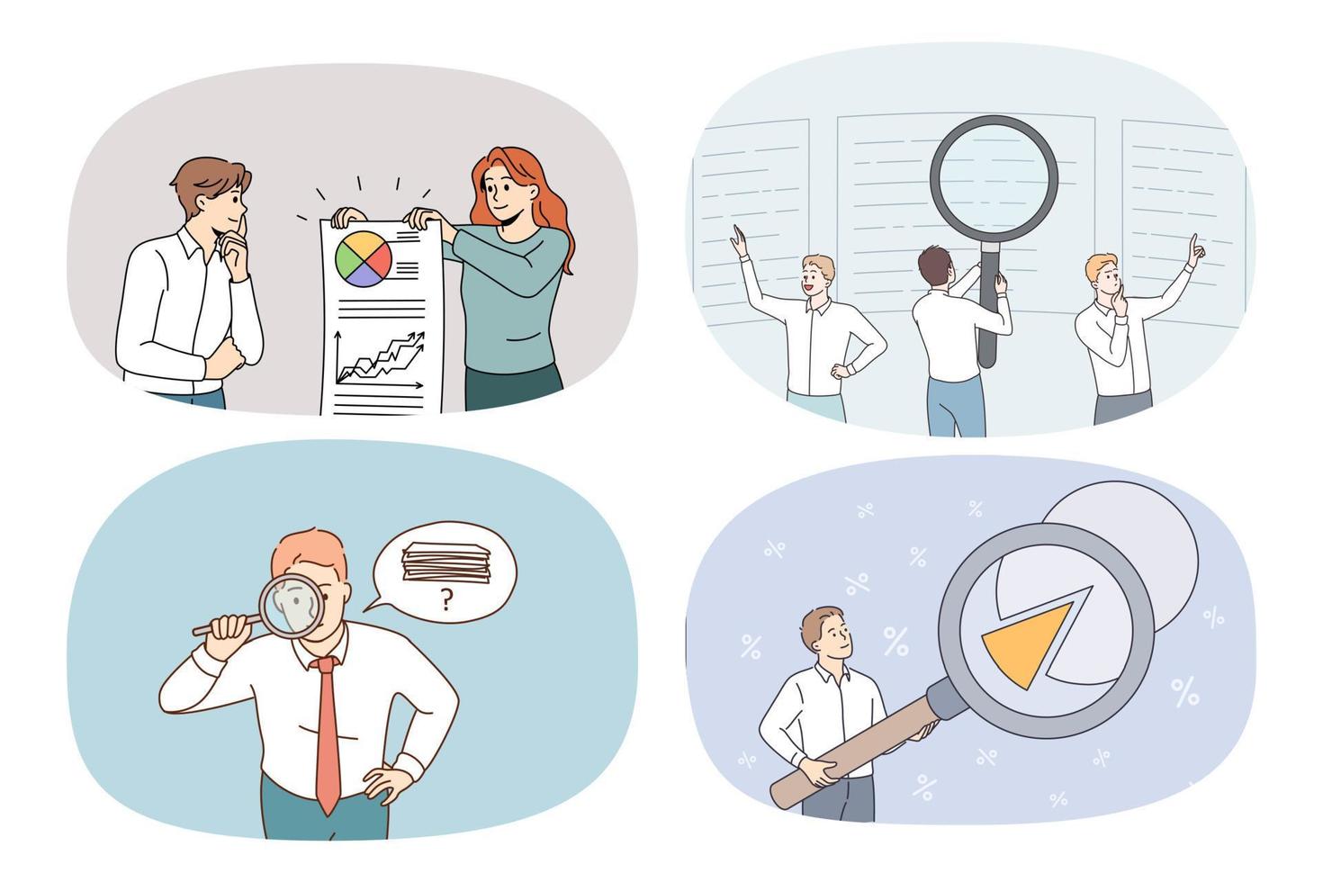 sammlung von bankern analysiert finanzdaten mit lupenglas. Eine Reihe von Geschäftsleuten oder Bankangestellten arbeitet mit Schemata und Diagrammen. Analyse und Finanzierung. Vektor-Illustration. vektor