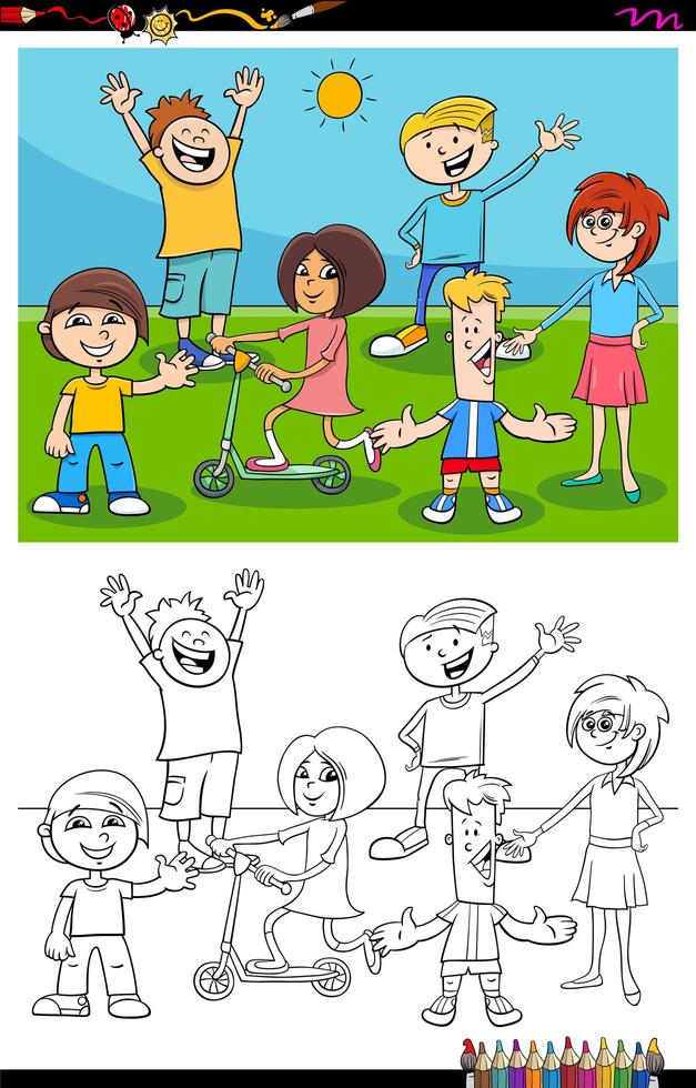 barn och tonåringar karaktärer grupp färg bok sida vektor