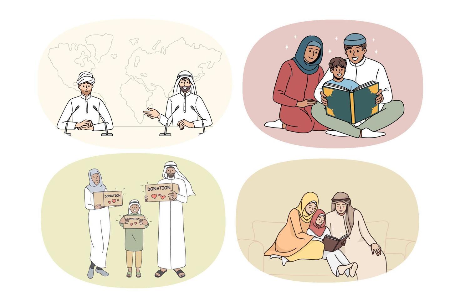 eine reihe verschiedener arabischer familien mit kindern in traditioneller kleidung liest koran. Sammlung von arabischen Menschen, die Bräuchen und Traditionen folgen. Kultur und Religion. Vektor-Illustration. vektor