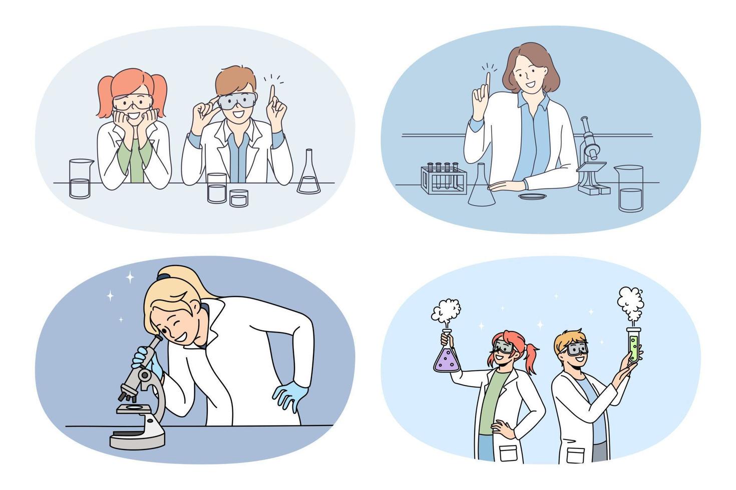 uppsättning av människor forskare arbete göra experiment med testa rör i laboratorium. samling av forskare experimentera med provrör utveckla vaccin i labb. bioteknik. vektor illustration.