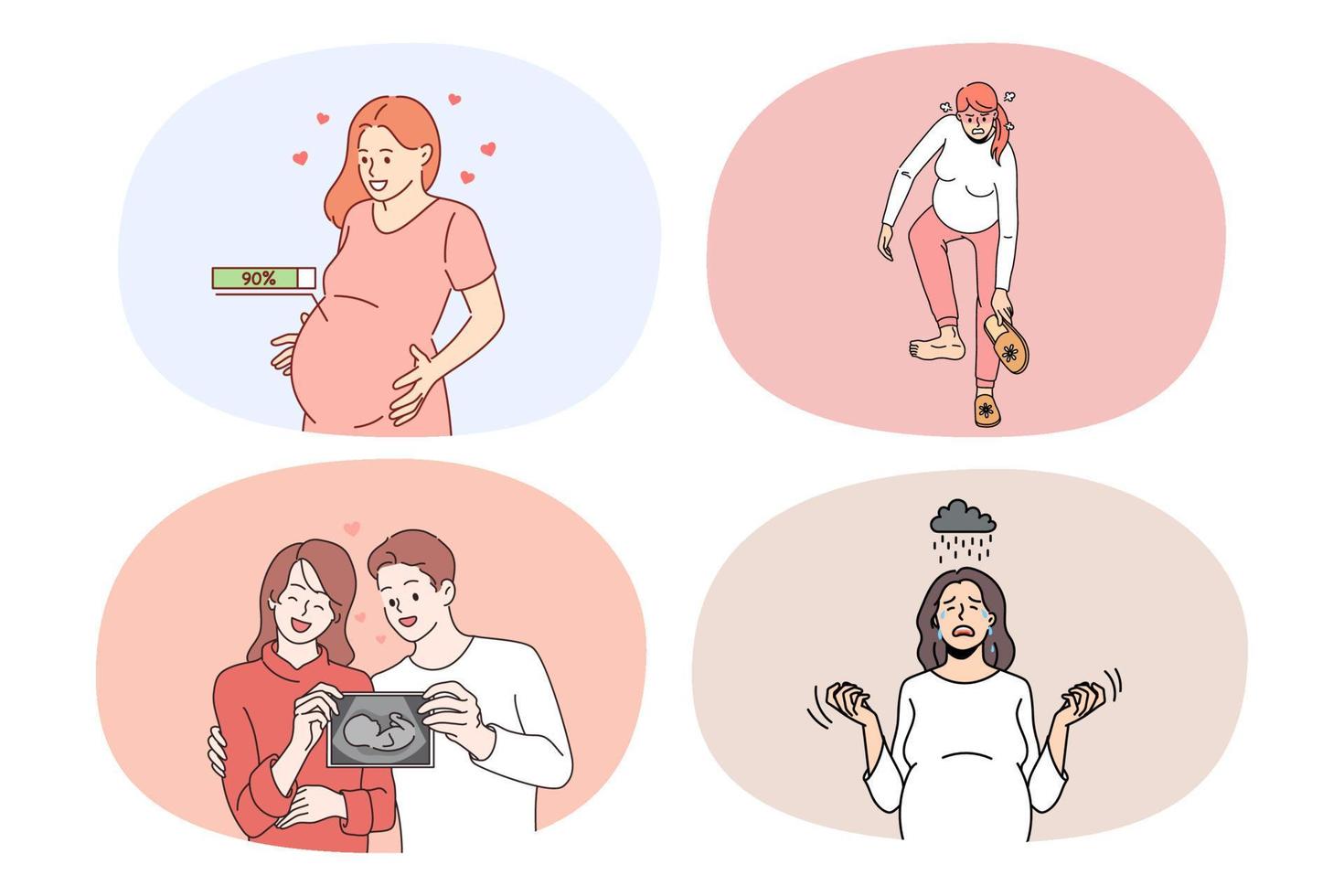 samling av gravid kvinna väntar för bebis födelse. uppsättning av flicka erfarenhet problem med graviditet. familj växande och planera. fertilitet och ivf behandling. vektor illustration.