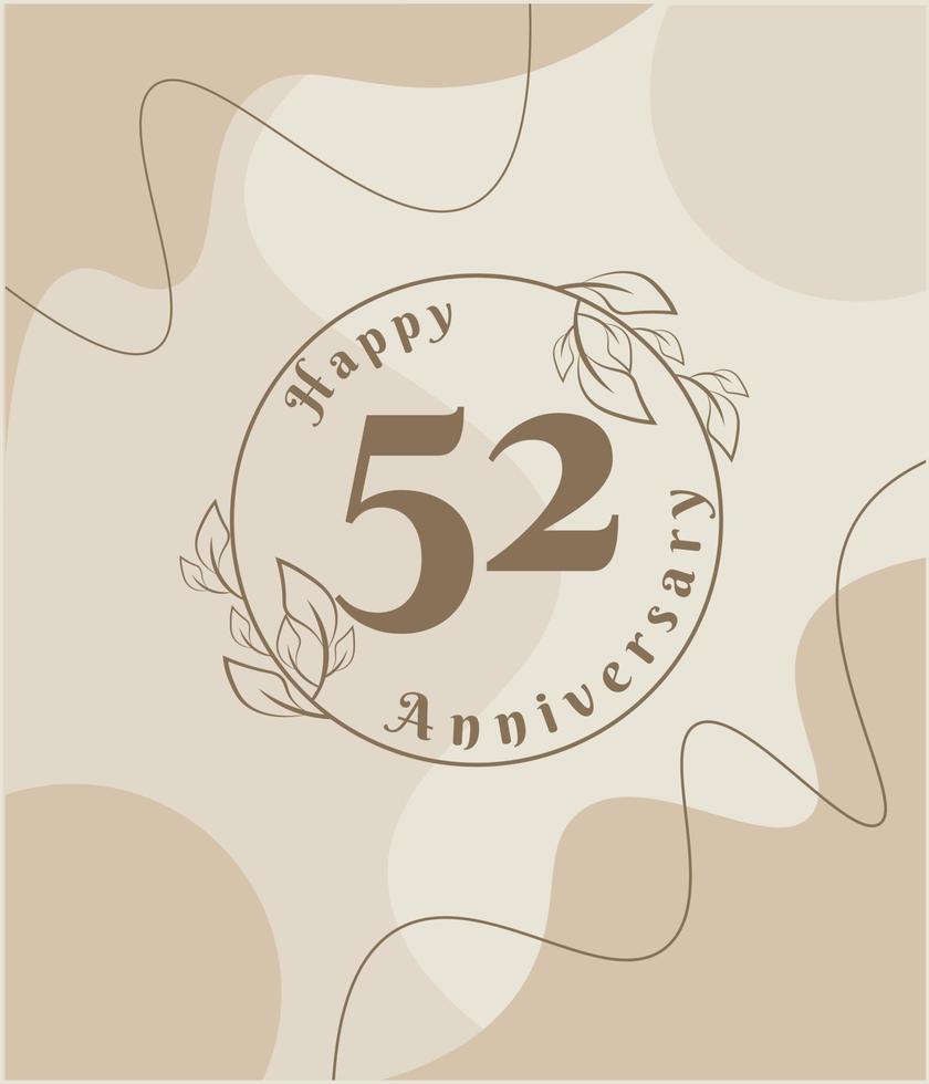 52 år årsdag, minimalistisk logotyp. brun vektor illustration på minimalistisk lövverk mall design, löv linje konst bläck teckning med abstrakt årgång bakgrund.