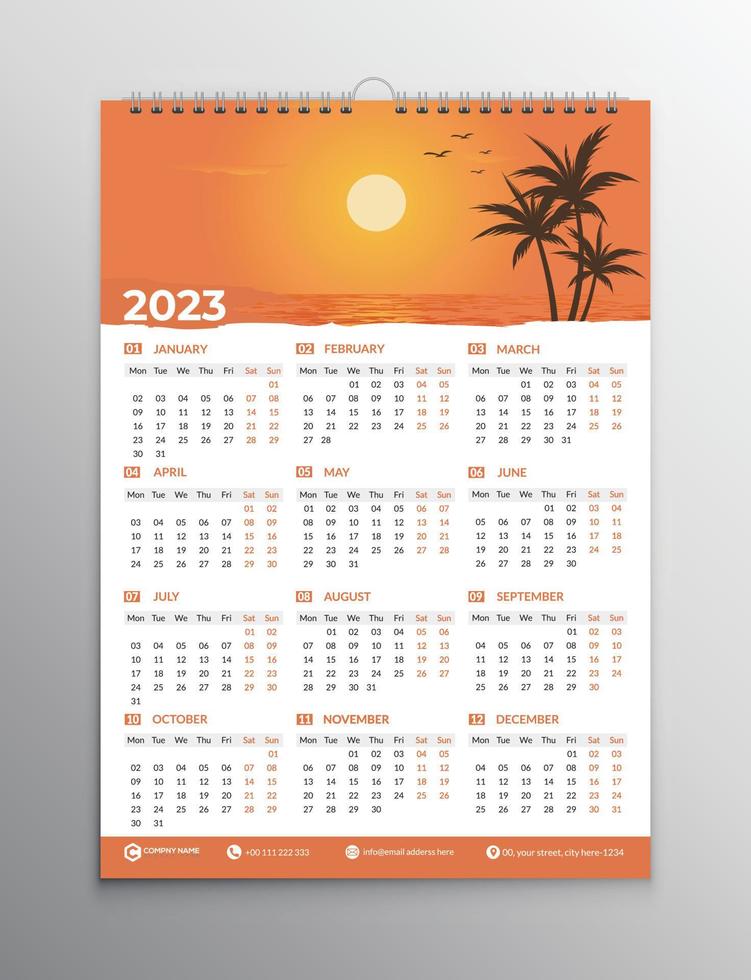 einseitiges Wandkalender-Design, einseitiger Kalender, 12-Monats-Kalender-Design vektor