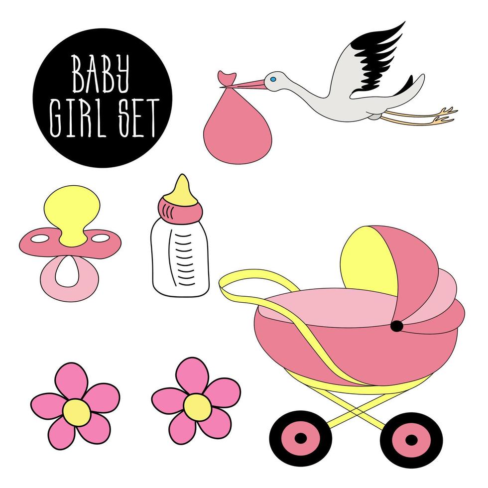 Set für Mädchen. Neugeborenenartikel - Flasche Babymilch, Schnuller und rosa Kinderwagen. vektor
