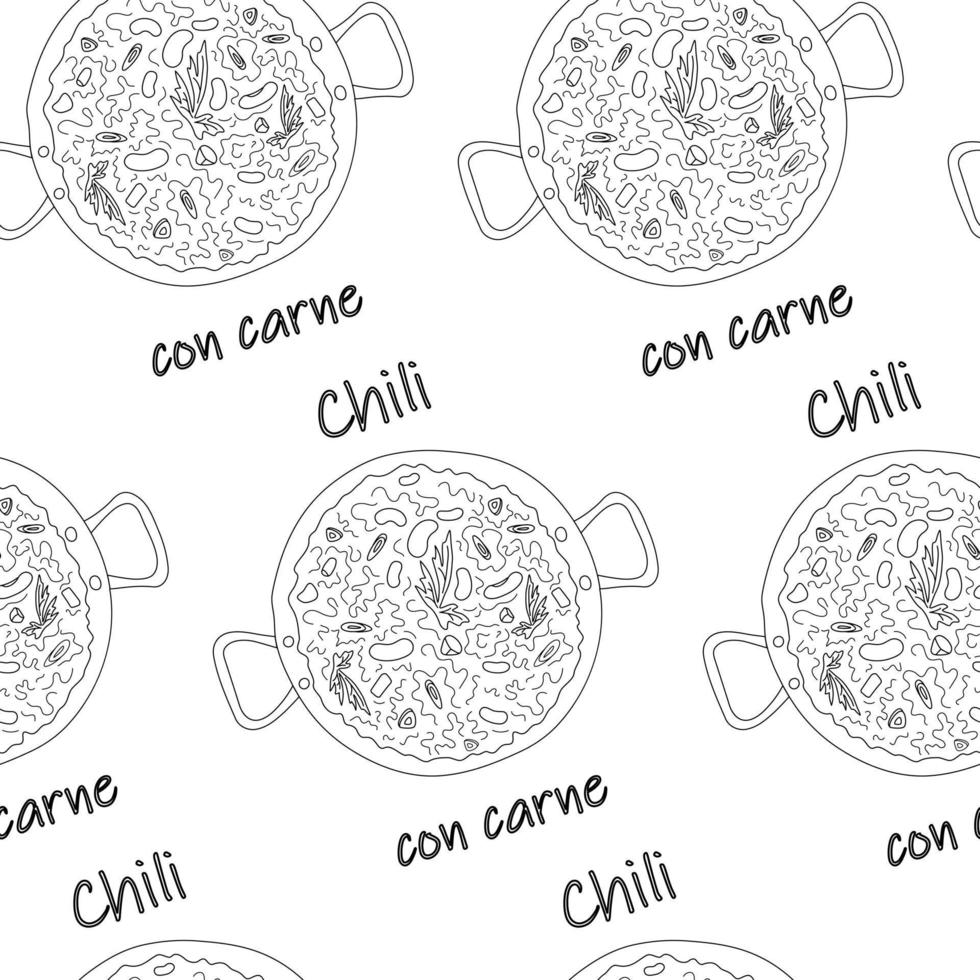 Nahtloses Muster aus Chili con Carne mit Bohnen und Scheiben mit Schriftzug. lateinamerikanisches essen. vektor