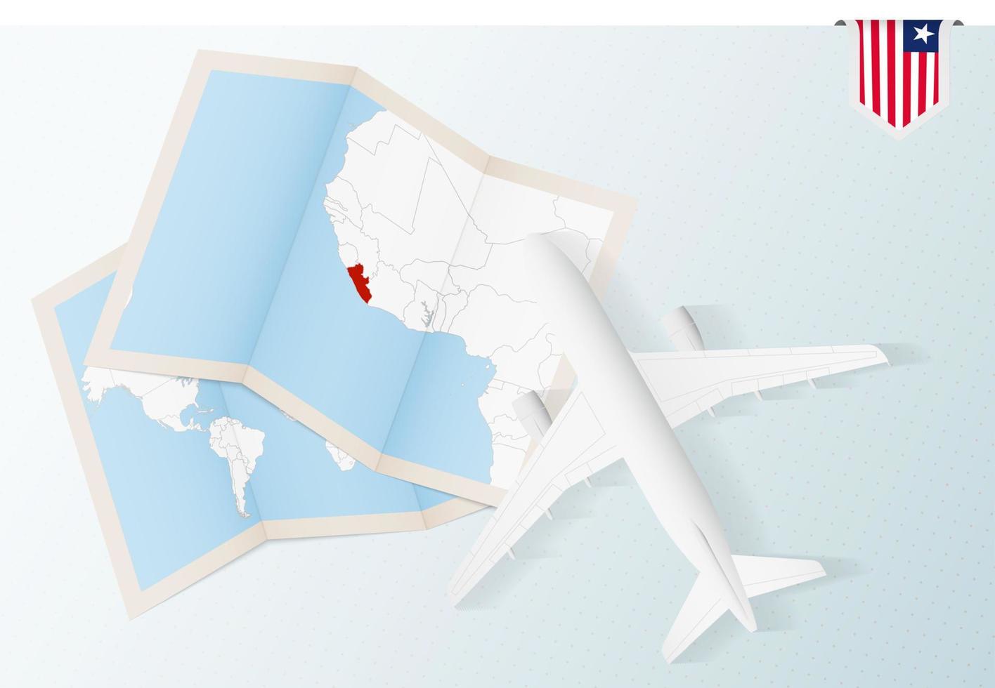 resa till liberia, topp se flygplan med Karta och flagga av liberia. vektor