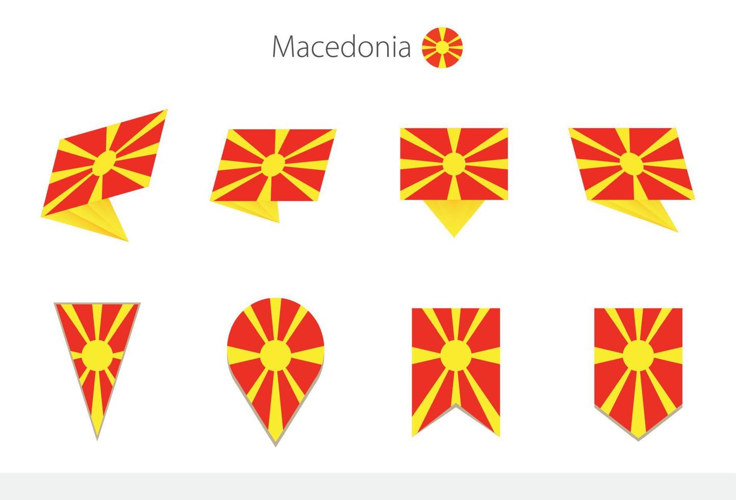 Mazedonien-Nationalflaggensammlung, acht Versionen von Mazedonien-Vektorflaggen. vektor
