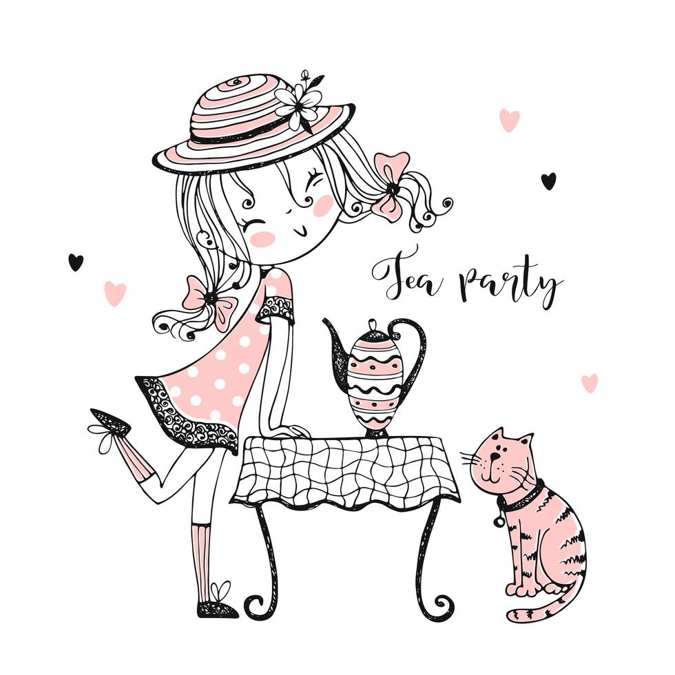 en söt tjej med te med sin katt. vektor