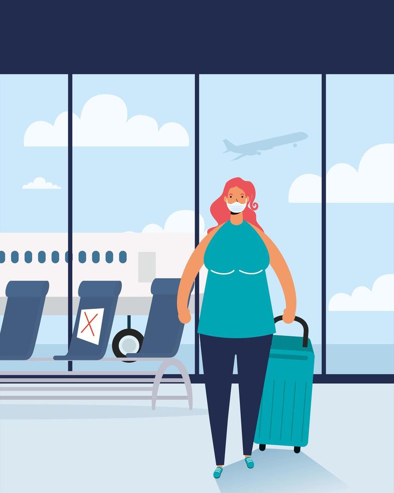 kvinna med ansiktsmask och resväska på flygplatsen vektor