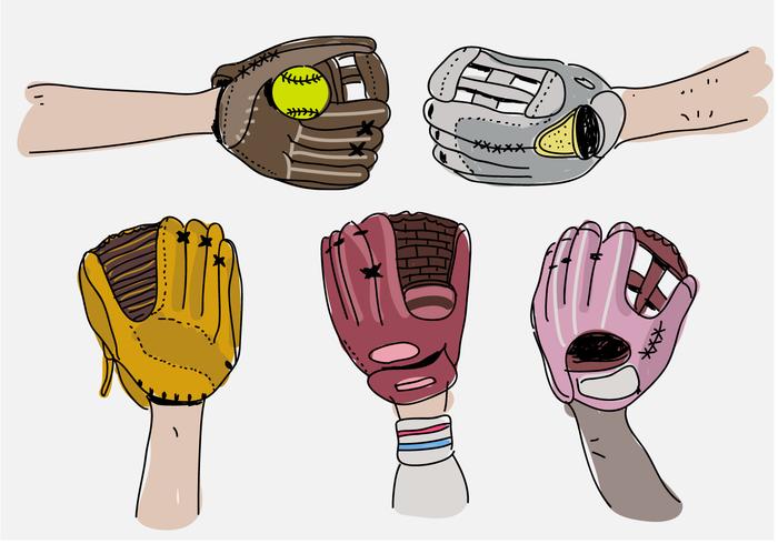 Softball-Handschuhe stellen Hand gezeichnete Vektor-Illustration vektor