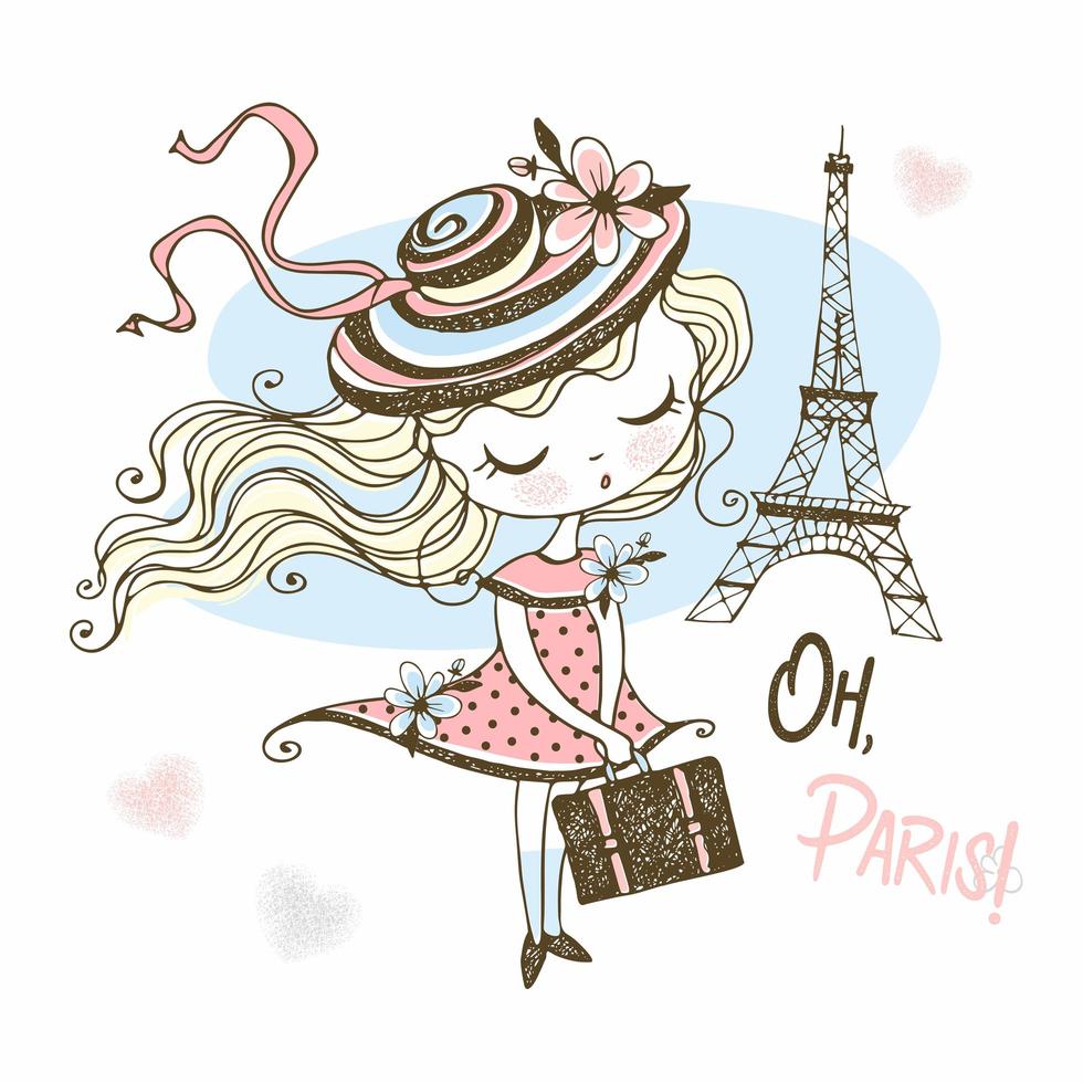 süßes Mädchen mit einem Koffer in Paris vektor