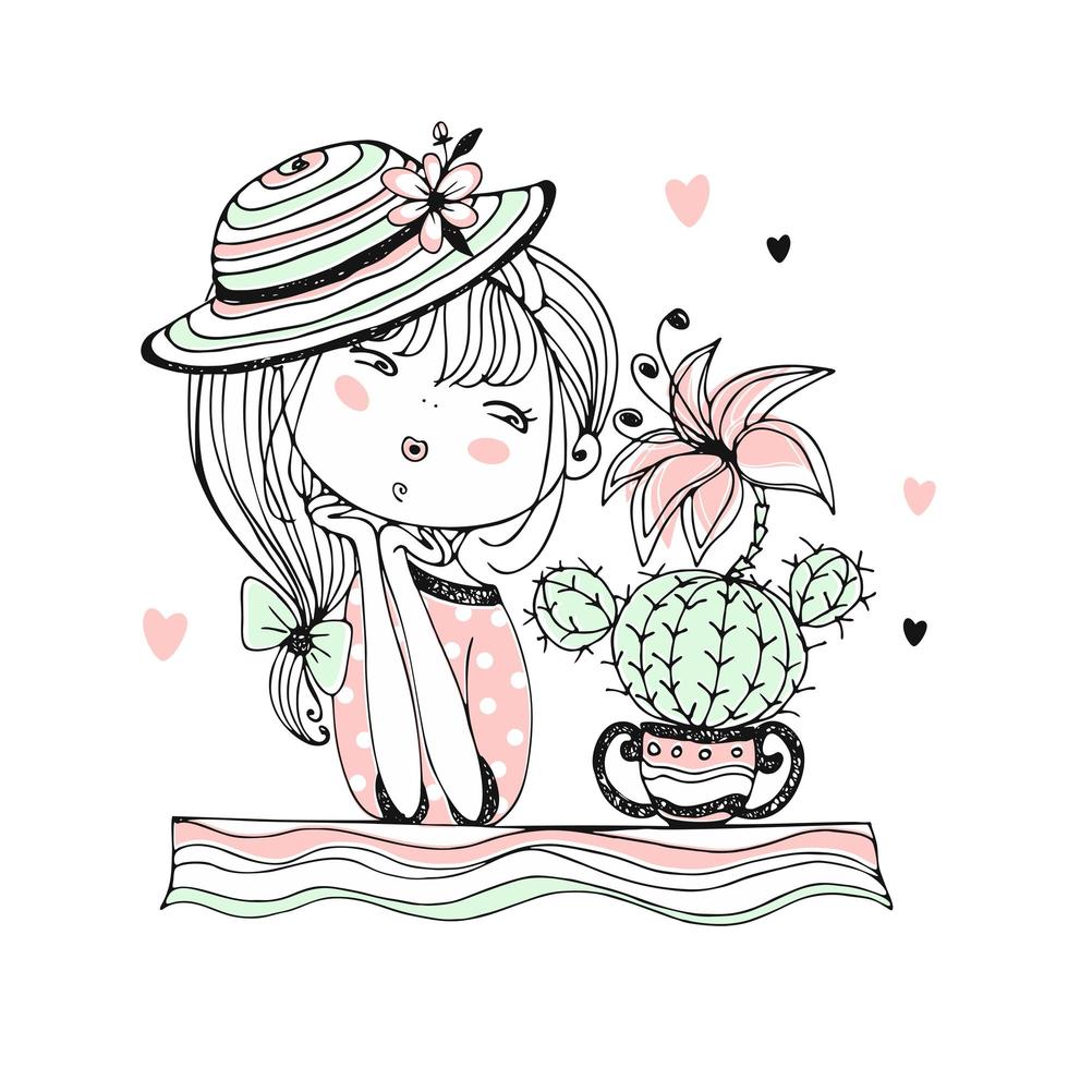 Ein süßes Mädchen bewundert einen blühenden Kaktus vektor