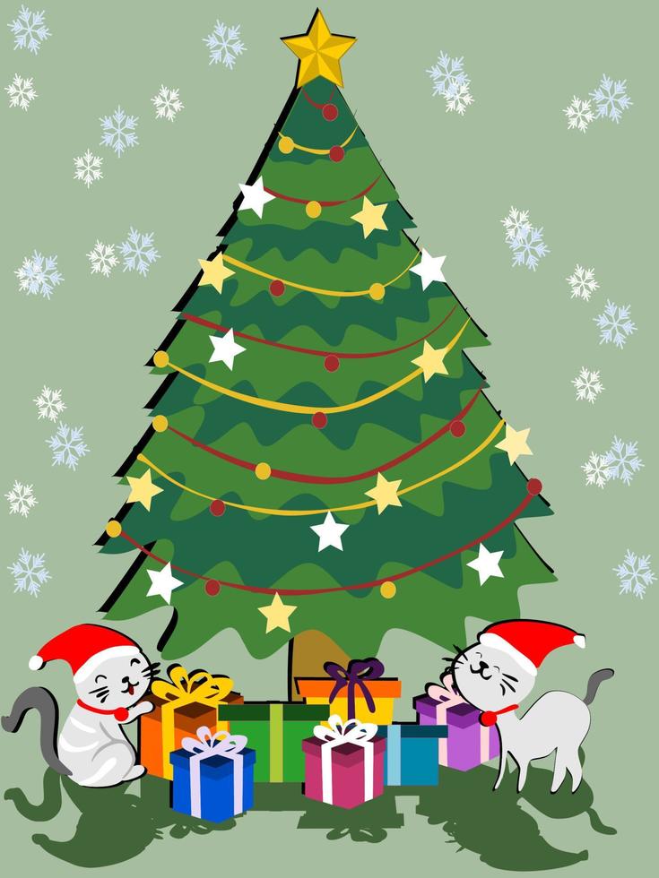 Katzen mit Weihnachtsbaum unter den Schneeflocken vektor