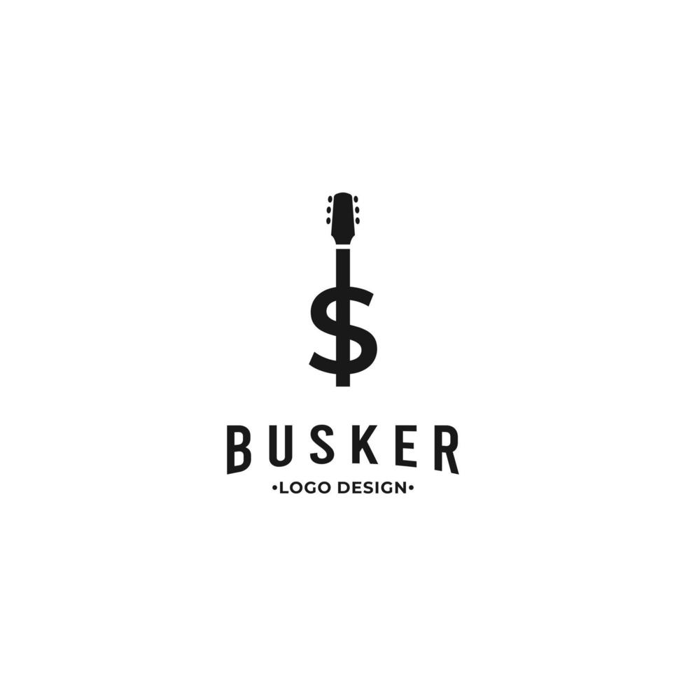 gatumusikant logotyp design på isolerat bakgrund, dollar symbol kombinera med gitarr nacke logotyp begrepp vektor