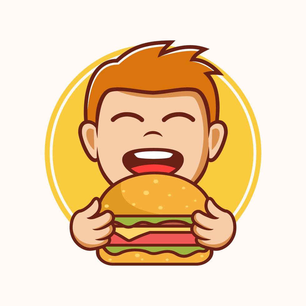 karikaturjunge, der burger isst, burger-logo-vorlage vektor