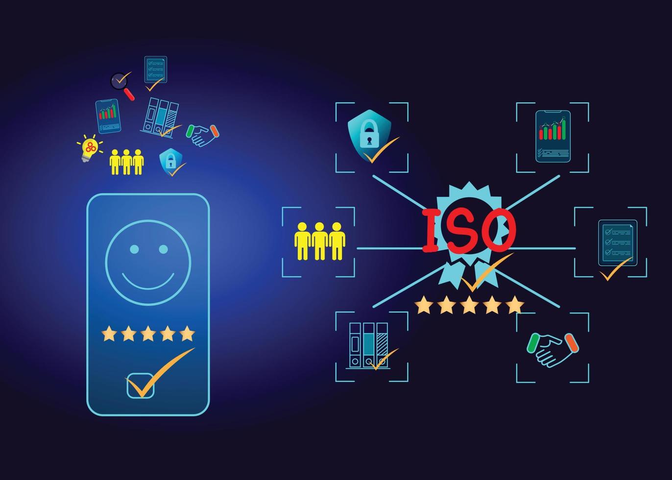 iso auktoriserad företag, certifiering och standardisering bearbeta överensstämmelse till internationell standarder och kvalitet försäkran begrepp. vektor